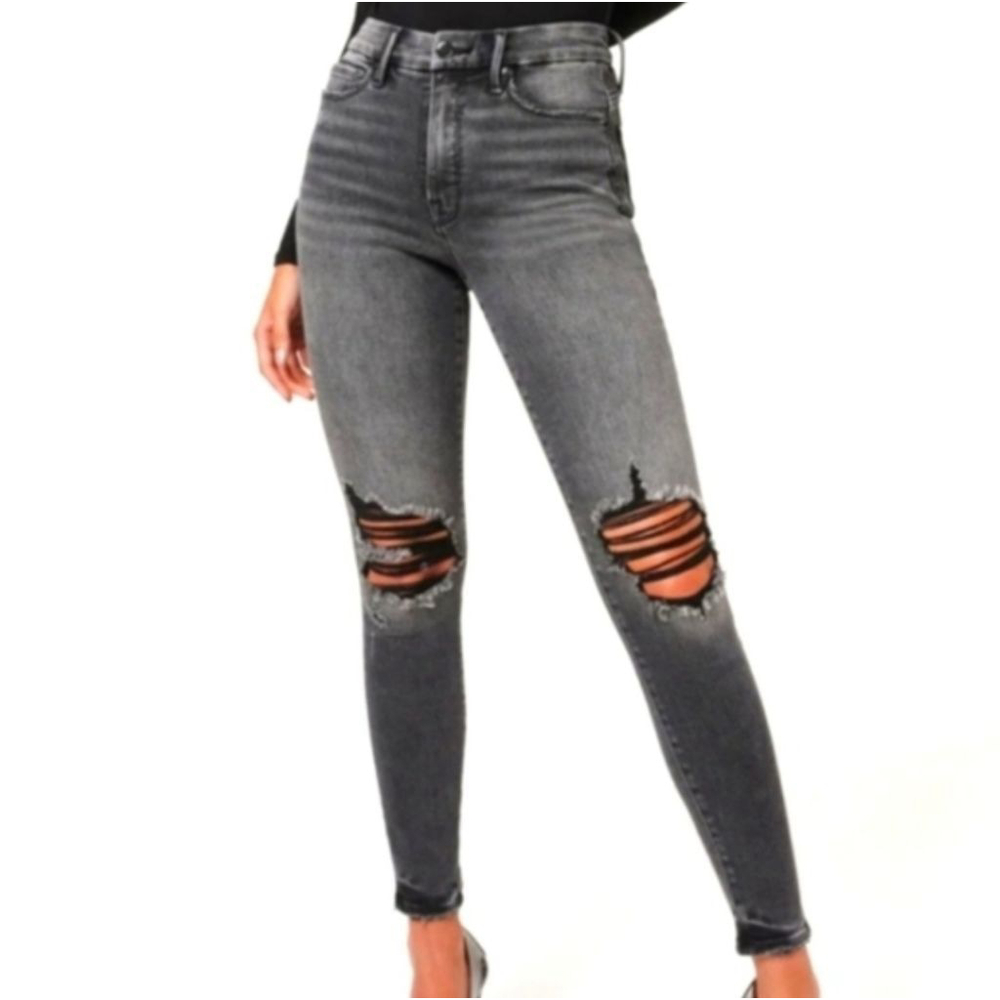 GOOD AMERICAN Good Waist Black Shadow Size 32 14 Distressed Skinny Jeans 134